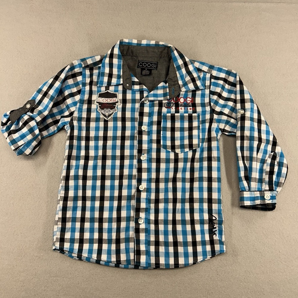 VTG Y2K COOGI Kids Sz 5 Blue Plaid  Long Sleeve Button-Up Shirt w/ Pockets